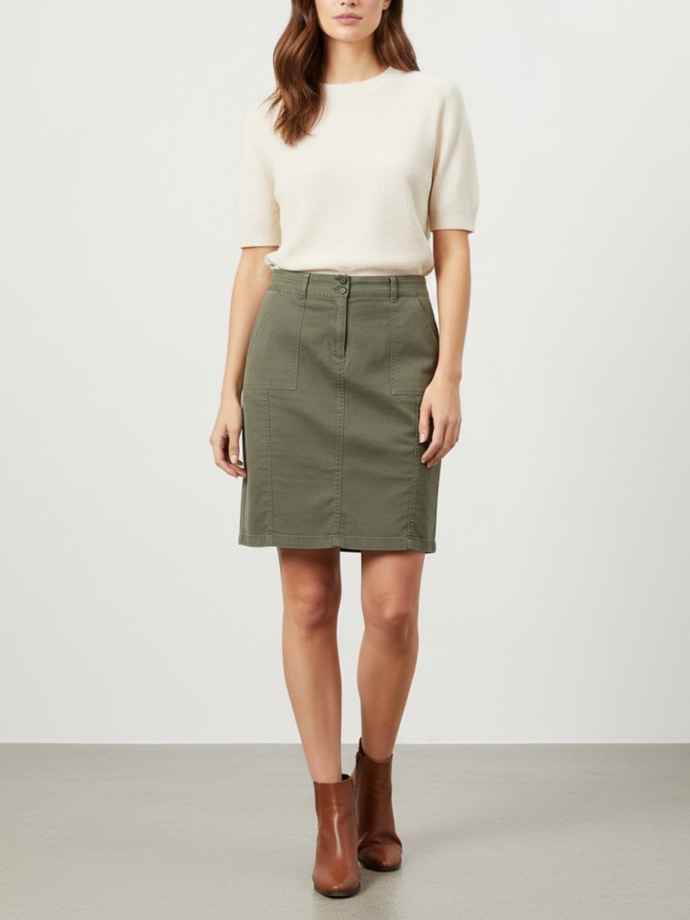 LOFT Ann Taylor army olive green pencil skirt cotton spandex sz 10 patch pockets